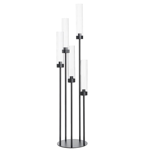 Black 5-Arm Candelabra Taper Candle Holder with Acrylic Lampshade, Wedding Table Centerpiece for Party & Home Decor