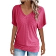 thumbnail image 2 of Fengqque Womens Short Sleeve V-neck Hollow Out Breathable Shirt Solid Color Casual Daily Slim Fit Top Hot Pink L(L), 2 of 5