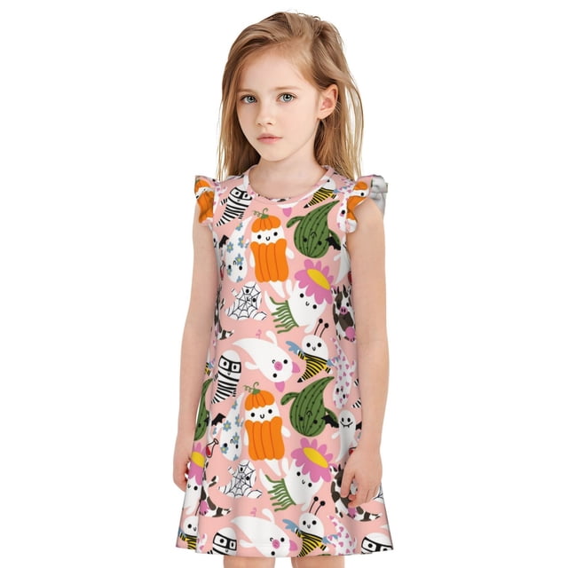 Fotbe Cartoon Halloween Vestido de Dormir para Niñas de 3 a 10 Años, Mangas Cortas, Estilo Princesa, Pijama Camisón con Mangas Voladas-X-Large