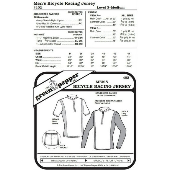 Men's Bicycle Racing Jersey Shirt #402 Sewing Pattern (Pattern Only)