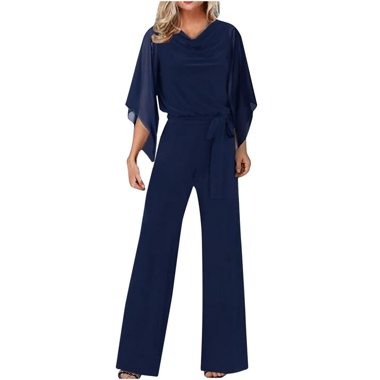 AherBiu Formal Jumpsuits for Women Dressy Chiffon Cape Sleeve Cowl Neck Straight Leg Belted Cocktail Party Rompers