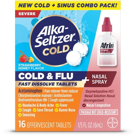 Alka-Seltzer Cold + Afrin, Combo Pack, Cold & Flu Severe (16 Tablets) + Afrin Original Spray (6 mL)