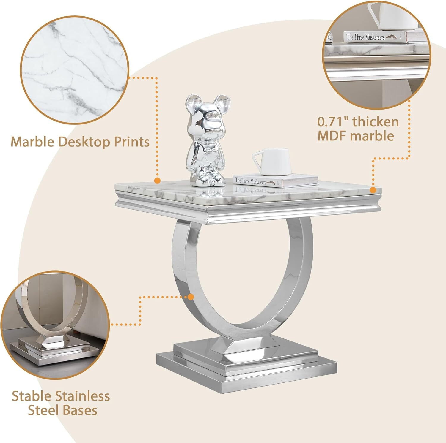 22.83" Square Faux Marble End Table, Modern Marble-Patterned Top with Silver Mirrored Stainless Steel O-Base, for Hallway, Living Room, Bedroom