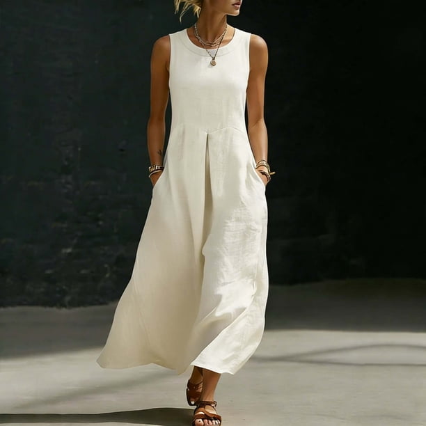 weqr dress beige Women's Cotton Linen Pleated Maxi Summer Flowy Crew Neck Sleeveless Long Dress Loose Casual Daily Wear Dress with Pockets 01 Size:USA 18 (XXXXL)/50 in.(127 cm)Garment Chest
