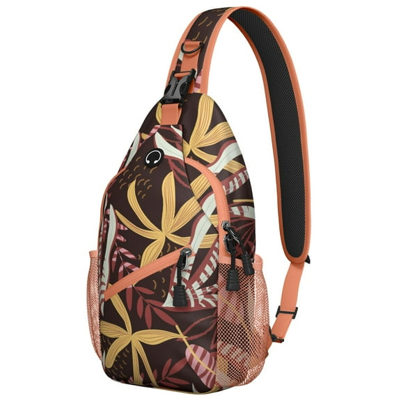 Palm Leaf Tropical Sling Backpack, Lightweight Hawaiian Jungle Leaves Crossbody Bag with Exotic Floral Print for Summer Travel and Beach