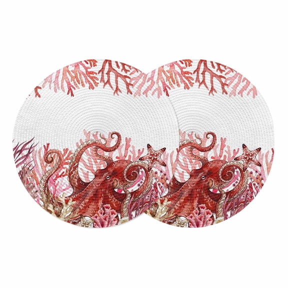 Ocean Red Octopus Round 13 Inch Placemats Set of 2, Coastal Coral Beach Nautical Starfish HeatResistant Non Slip Place Mats for Dining Table, Wipeable Braided Kitchen Table Mats for Housewarming