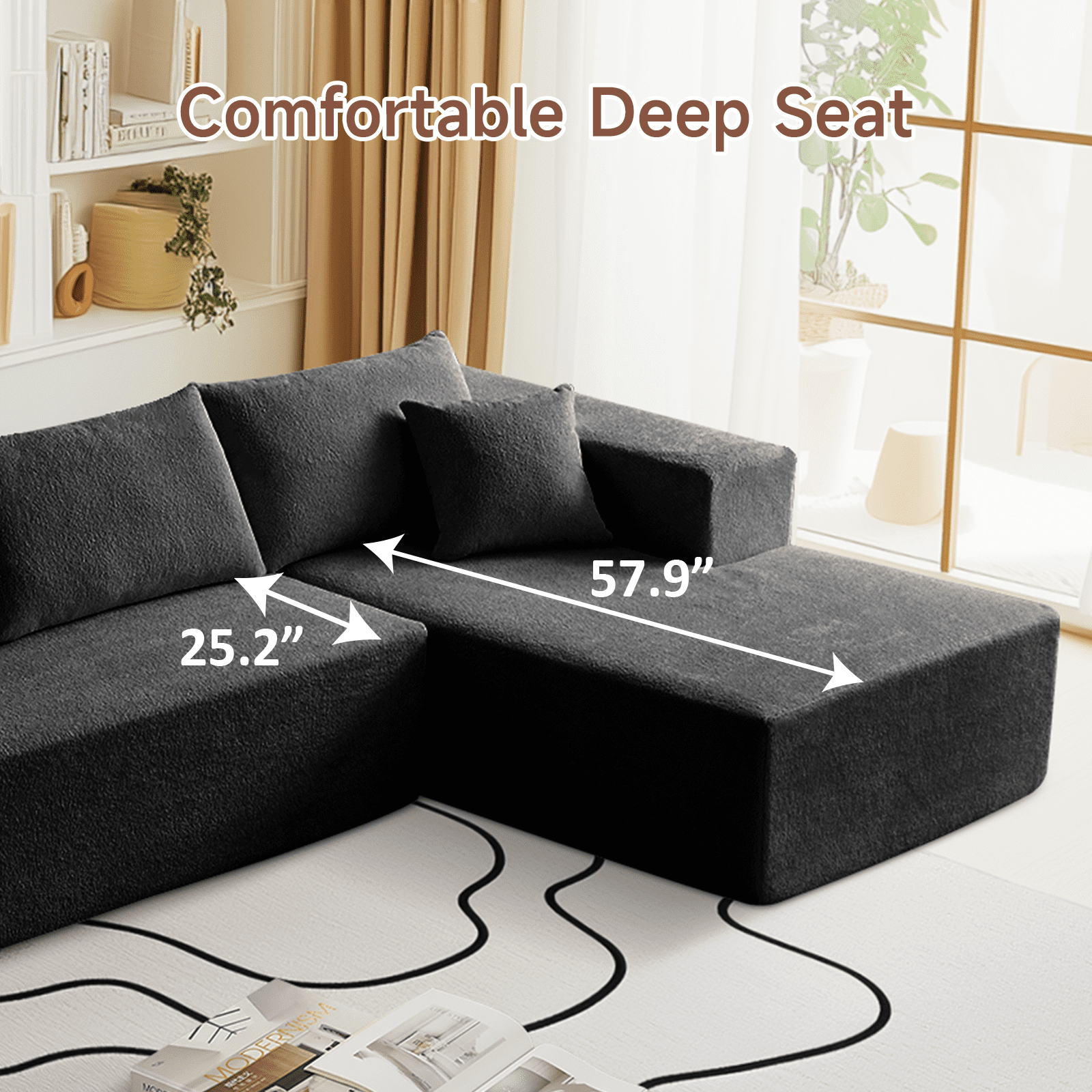 104" Sectional Sofa, L-Shaped Modern Modular High-Density Sponge Corner Sofa with Chaise Lounge & Pillows, Upholstered Cloud Couch for Living Room Bedroom Apartment