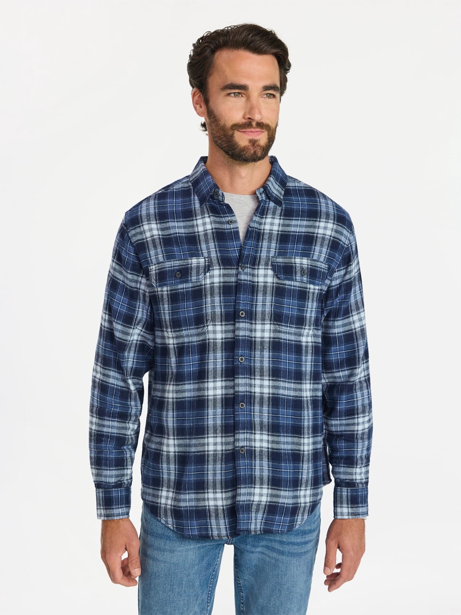 George Men's Double Pocket Flannel Shirt, 2 Pack, Sizes XS-3XLT
