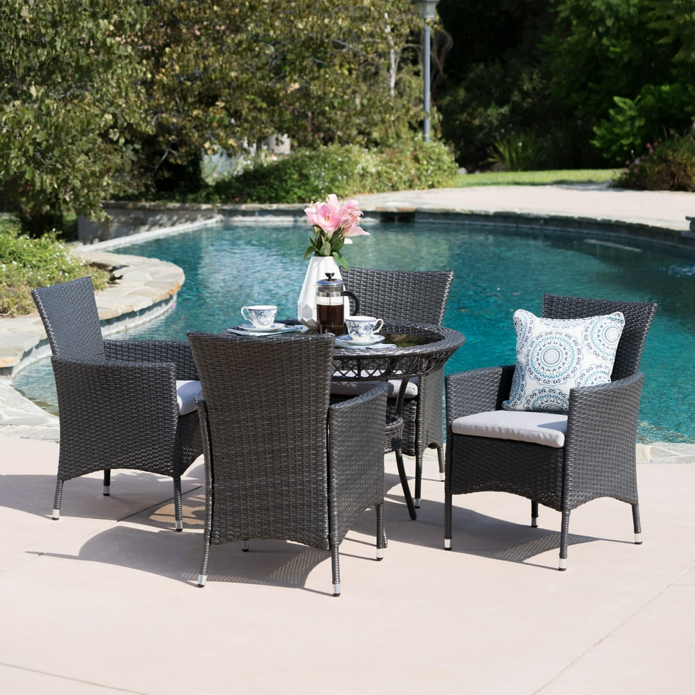 Kenton Outdoor 5 Piece Wicker Dining Set with Tempered Glass Table Top