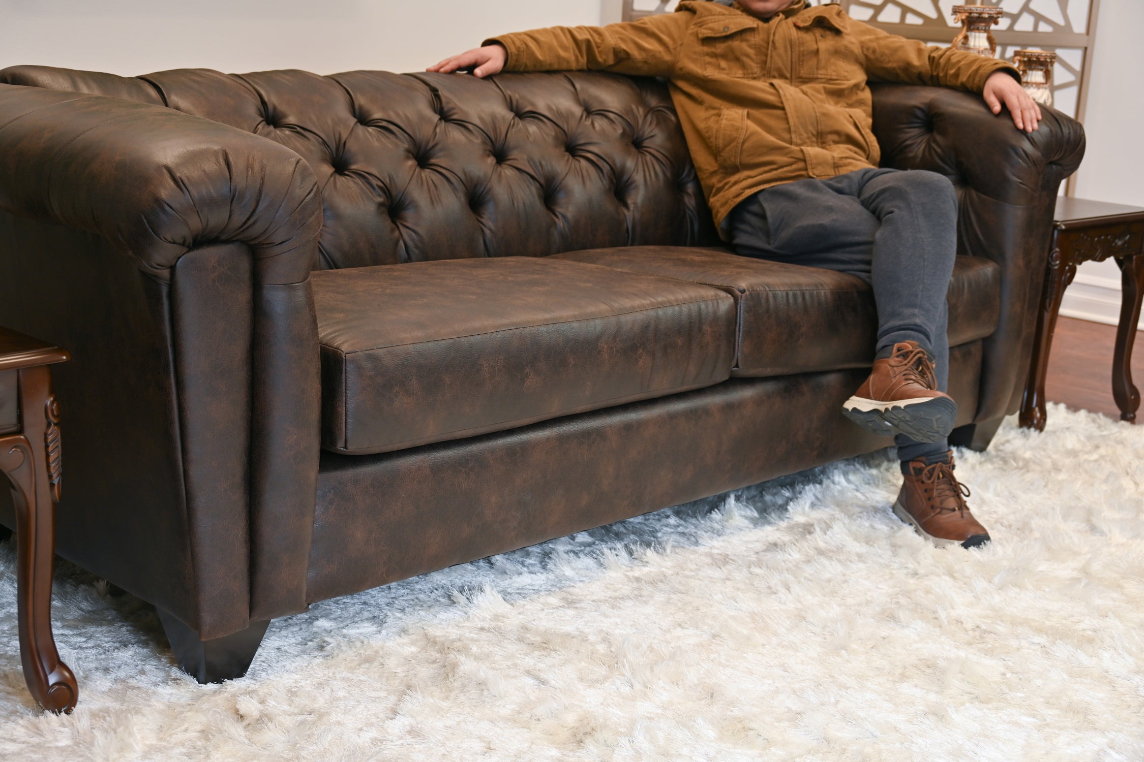 Roundhill Horton Faux Leather Chesterfield 3-Piece Living Room Set, Sofa Loveseat and Chair, Ridgeline Brownie