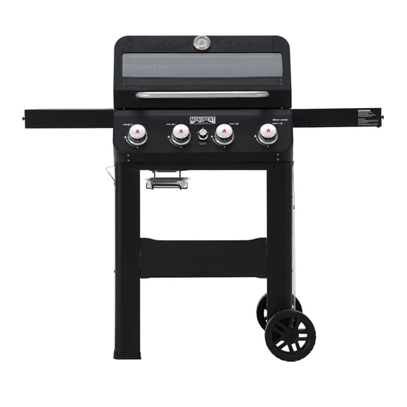 Monument Grills 4-Burner Liquid Propane Gas Grill, 38,000 BTU Stainless Steel Outdoor Barbecue Grill, Clearview Lid, Foldable Side Shelf, Easy Cleanup, M420MF