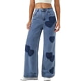 thumbnail image 2 of Flared Barrel Jeans for Women – Mid Rise Heart Print Washed Denim, Loose Fit Wide Leg Ankle Pants, Vintage Baggy Boyfriend Casual Trousers, 2 of 8