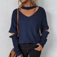 thumbnail image 2 of Lindreshi Fall Sweaters for Women Trendy Fashion Women's Casual Knitted Solid Color Panel V-Neck Sweater, 2 of 6