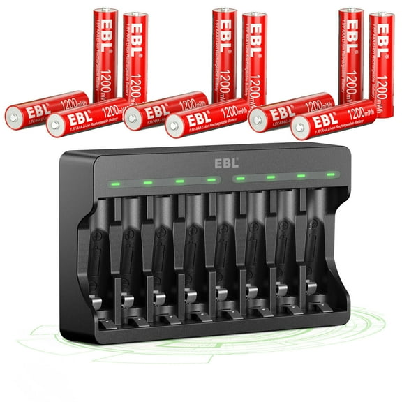 EBL 12 Pack of Rechargeable Lithium AAA Batteries 1200mWh with 8 Bay Smart Battery Charger