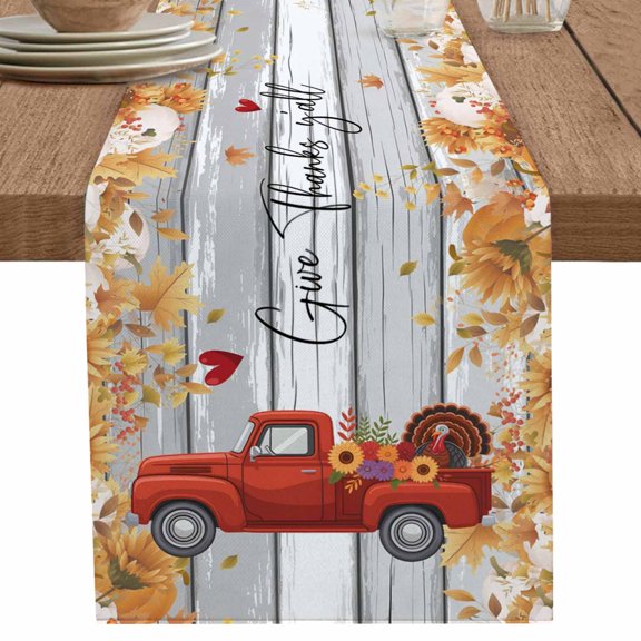 nqOlkjepod Red Truck Fall Table Runner 36 Inches Long Farmhouse Dress Scarves, Thanksgiving Botanical Pumpkins Leaves Wooden Dining Tablerunner for Coffee Table/Kitchen Island/Party, Small 13"x36"