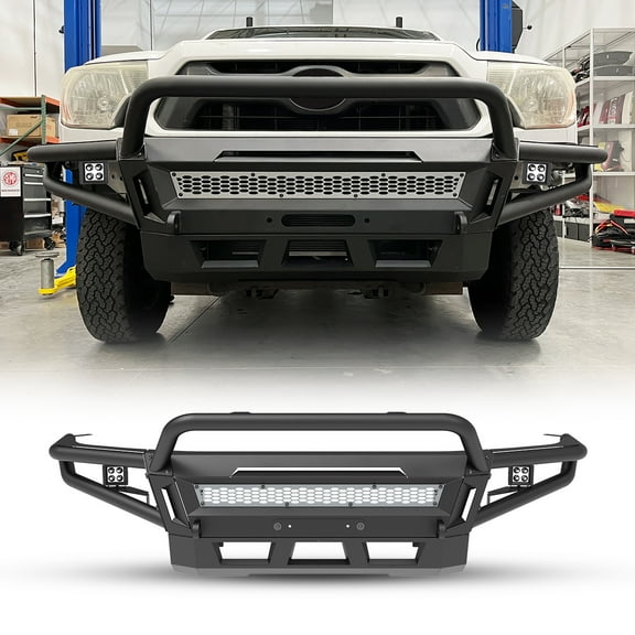 Full-Width Front Bumper for 2005-2015 Toyota Tacoma,Modular Heavy Duty Steel Front Bumper & Tube Side Wings & Tube Bull Bar w/ 2 x 4" Pod Lights