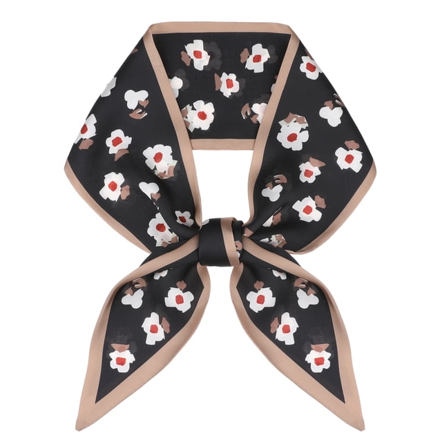 INSPIRAR CHIC Pañuelos Impresos Florales para Mujeres, Cinta de Satén Larga y Delgada para el Cabello, Pañuelo para el Cuello 37.4x3.5" Negro/Camel