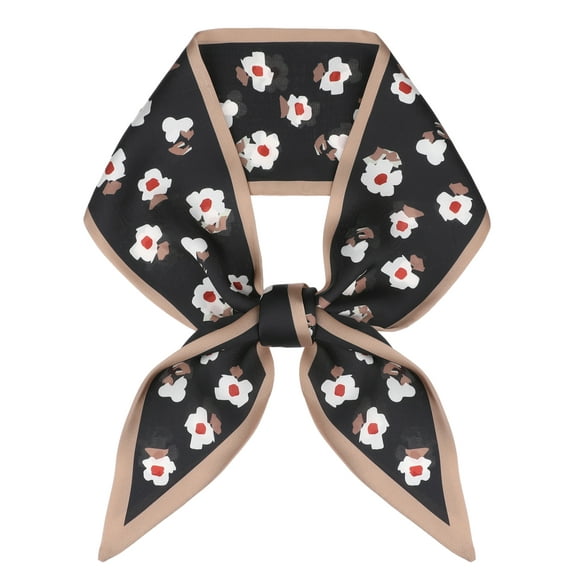INSPIRE CHIC Women's Mother's Day Floral Printed Scarves, Flowers Skinny Long Satin Silky Ribbon Hairband Headscarf Neckerchief 37.4x3.5" Black/Camel