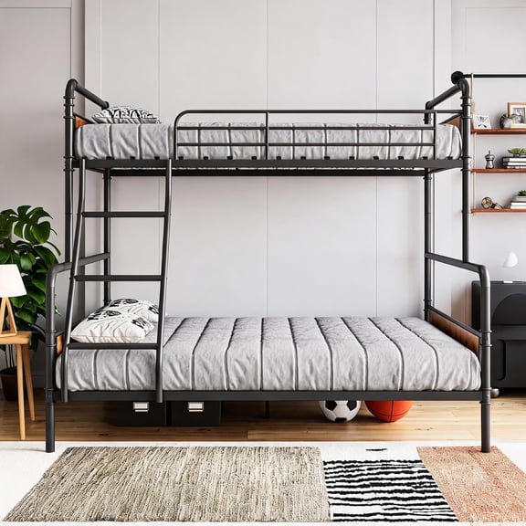 Twin Over Full Metal Bunk Bed with Ladder, Heavy Duty Steel Frame, High Guardrails, Convertible Design, Metal Slats Support, Space-Saving, Easy Assembly,Full,Black