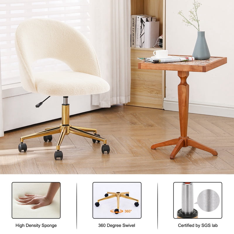 Modern Upholstered Office Chair, Adjustable Armless Desk Chair with Gold Metal Base and Rolling Casters, Accent Vanity Chair for Home Office, Bedroom, Makeup Room,White