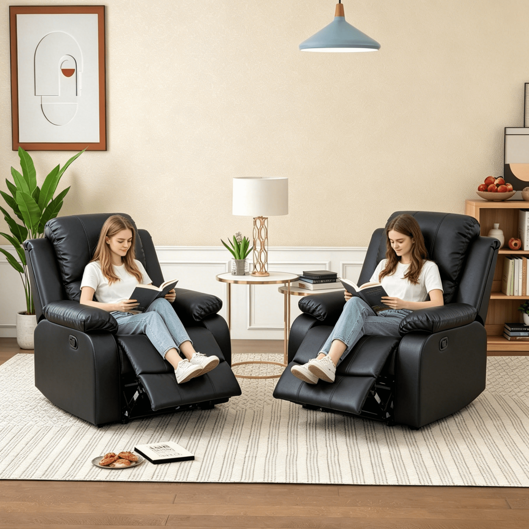 Gewnee PU Manual Recliner Chair Set of 2,Single Sofa Recliners,Adjustable Backrest,Comfort Lazy Chair for Living Room,Bedroom.Black