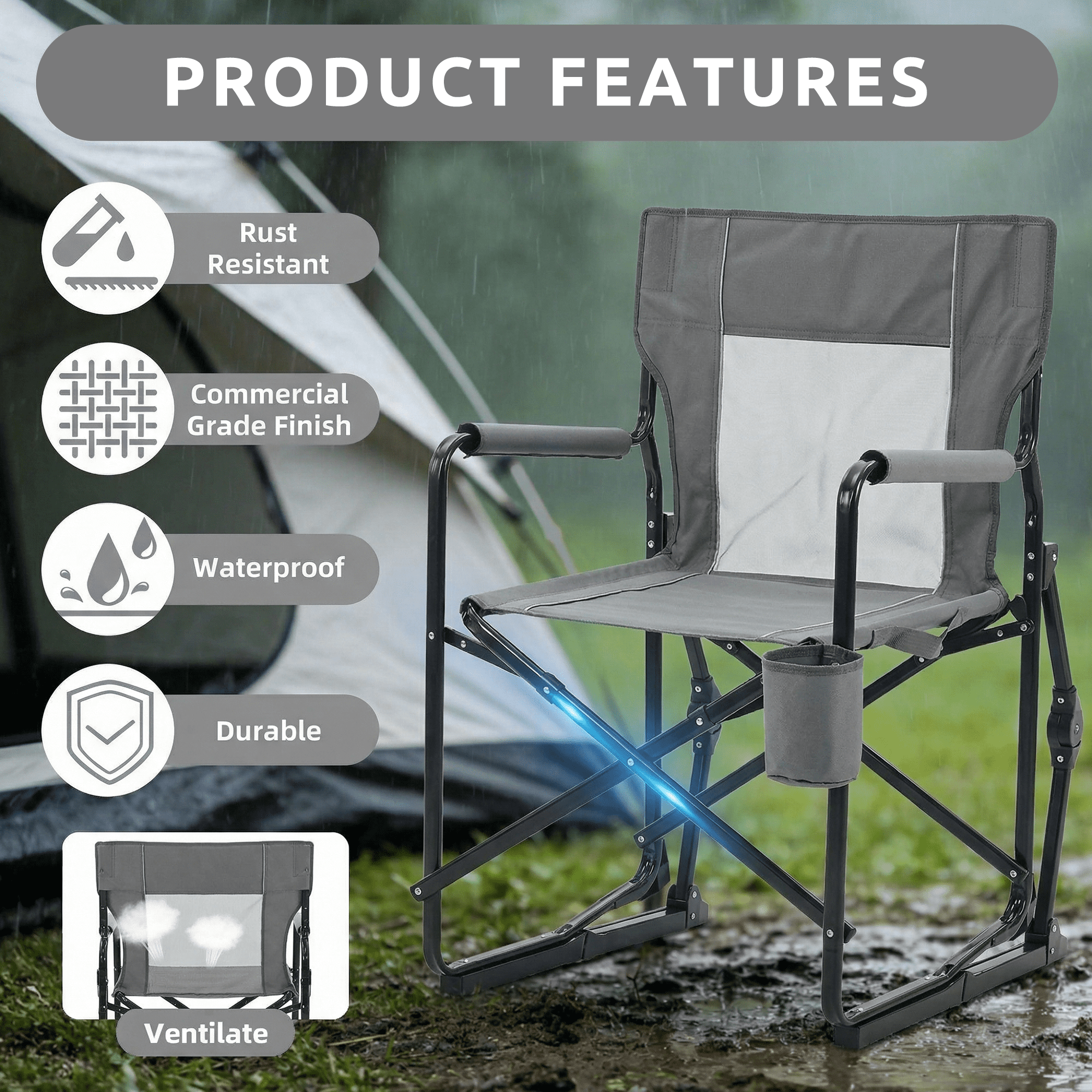 LIFERECORD Outdoor Rocker Camping Chair, Portable Folding Rocking Chair,Waterproof Cup Holder, Mesh Back for Patio Beach Sports Events