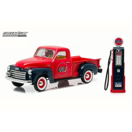 1950 GMC 150 Pickup Truck Gulf Oil w/ Vintage Gas Pump, Red - Greenlight 12984 - 1/18 Scale Diecast Model Toy