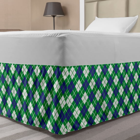 Geometric Bed Skirt, Diagonal Squares and Stripes Designed in Argyle Pattern Art Print, Elastic Bedskirt Dust Ruffle Wrap Around for Bedding Decor, 4 Sizes, Green White Violet Blue, by Ambesonne