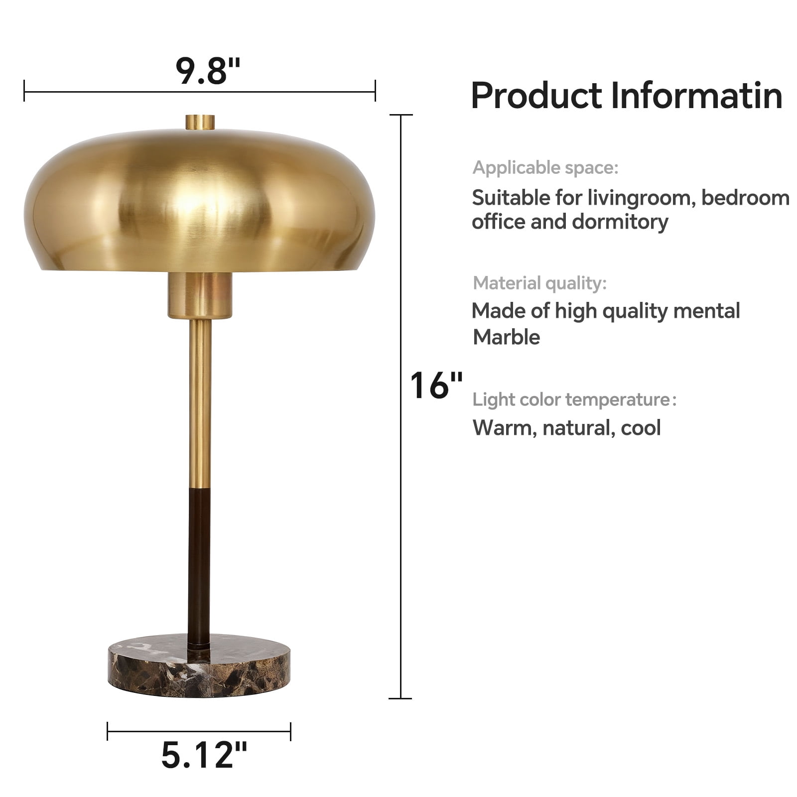SUNMORY 16” Modern Gold Table Lamp with Marble Base, Nightstand Lamp E26 Bulb Included, 3 Color Temperatures Dimmable Living Room Lamp, Desk Lamp for Bedroom, Office