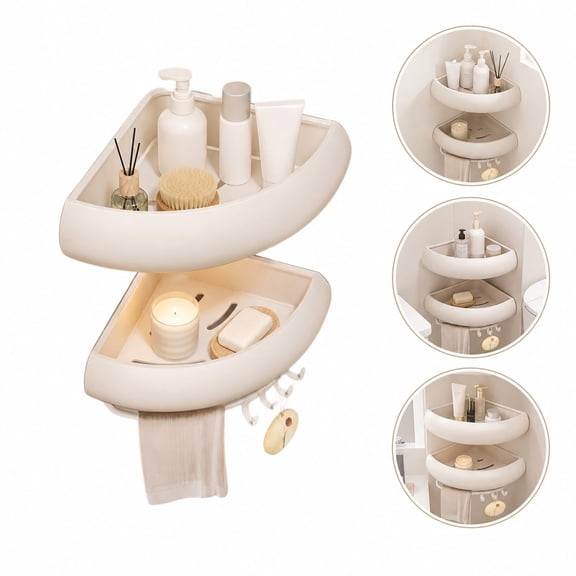 2 Pack No Drilling Suction Corner Shower Caddy, Rustproof Triangle Bathroom Organizer with Towel Bar & Detachable Hooks, Cream Shower Storage Shelf