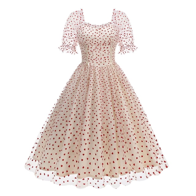 Sexy Vestido Casual para las Mujeres, Moda Polka Dot Encaje Cuello Grande Hinchado para Fiesta, Fecha Y Verano