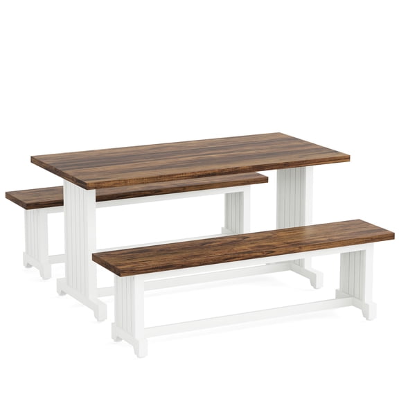 47" Farmhouse 3-Piece Dining Table Set for 2-4 – Space-Saving Kitchen Table with 2 Benches – Rustic Wood & Metal Furniture for Small Apartments, Narrow Spaces, Breakfast Nook – White & Brown