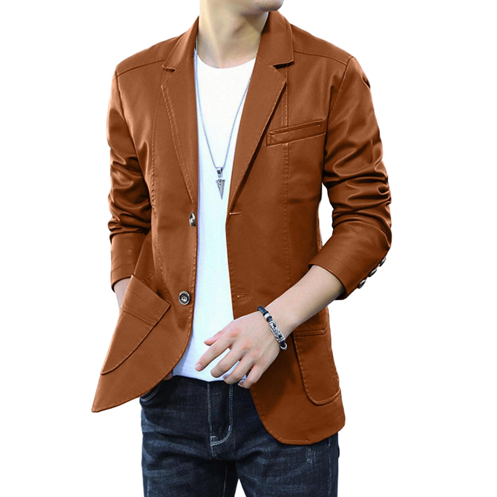 Wutalume Men's Leather Suit Collar Casual Leather Jacket, Genuine Leather Material, Stylish Lapel Design, Durable Construction for Long-Lasting Wear,Wine 2XL