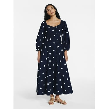 Free Assembly Women's and Women's Plus Cotton Polka Dot Maxi Dress with Puff Sleeves, Size-XS-4X