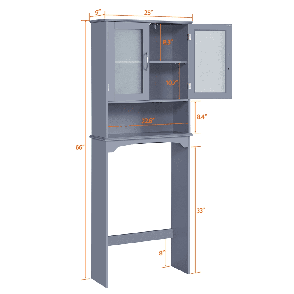 FullFurnique Freestanding Over-the-Toilet Storage Cabinet with 2 Tempered Glass Doors and 1 Open Shelf, Gray