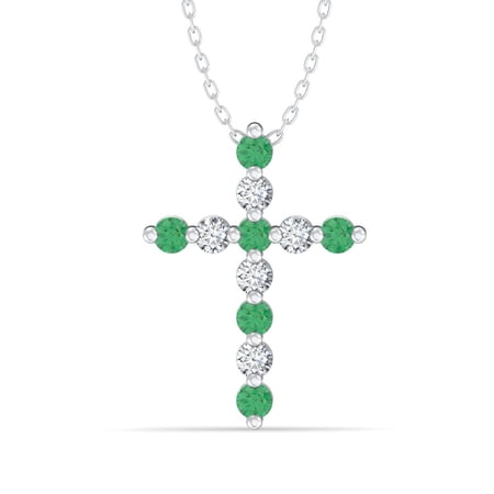 ARAIYA FINE JEWELRY 1/20 CT. T.W. Emerlad and Lab Grown Diamond Cross Pendant with Silver Cabal Chain Necklace 18"