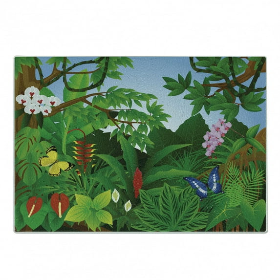 Plant Cutting Board, Cartoon Style Lively Forest with Butterflies Trees and Various Flowers Print, Decorative Tempered Glass Cutting and Serving Board, Small Size, Emerald Multicolor, by Ambesonne