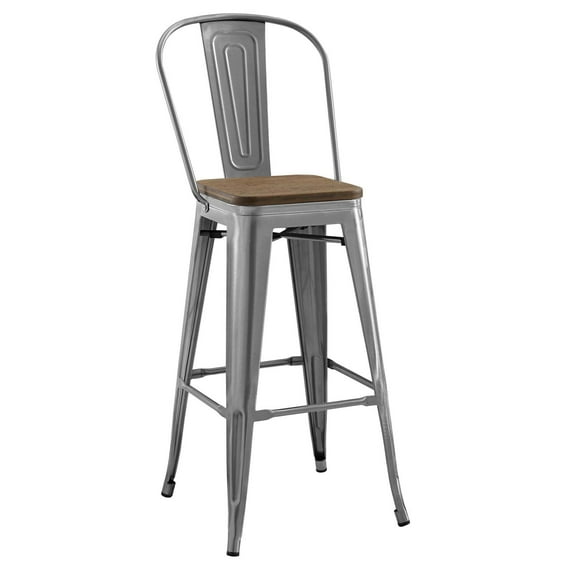 Industrial Country Cottage Farm Beach House Bar Pub and Dining Kitchen Bar Side Stool Chair, Metal Steel Wood, Silver