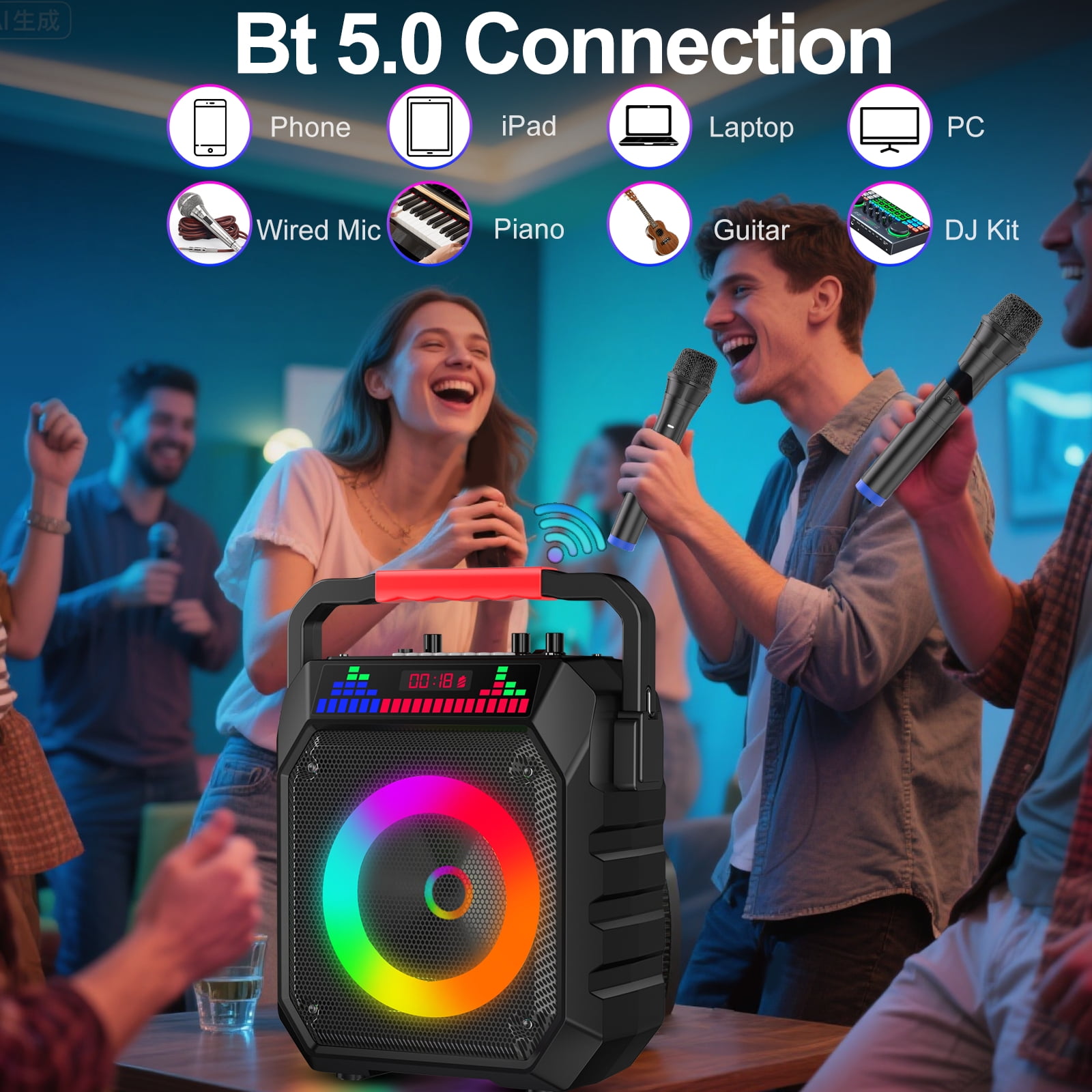 Socodox Karaoke Machine ,Portable Bluetooth Speaker with 2 Wireless Microphones for Adult Kid,Karaoke Supports TF/AUX/USB for Home Party with Lights