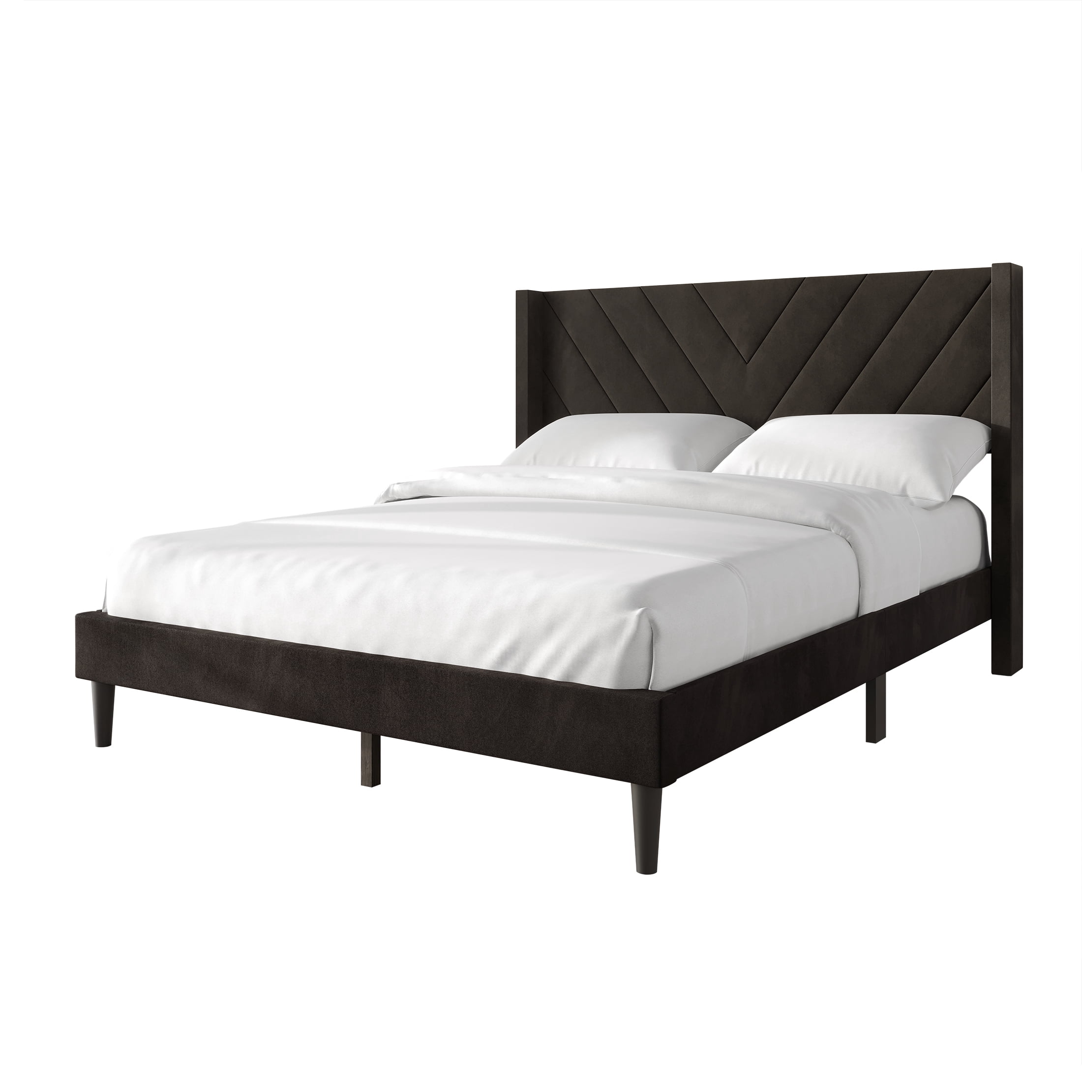 Castle Place Sophisticated Wingback Velvet Upholstered Full Platform Bed, Brown