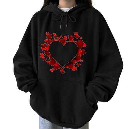 JWZUY Womens Valentine s Day Heart Print Hooded Drawstring Hoodies Pullover Sweatshirts Casual Long Sleeve Tops Blouse Shirts With Pockets Black#01 S