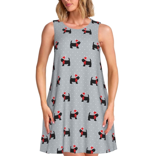 Easygdp Polka Dot Christmas Dog para Vestido Transpirable de Mujer, Vestido Suelto de Manga Corta con Pliegues y Bolsillos para el Verano