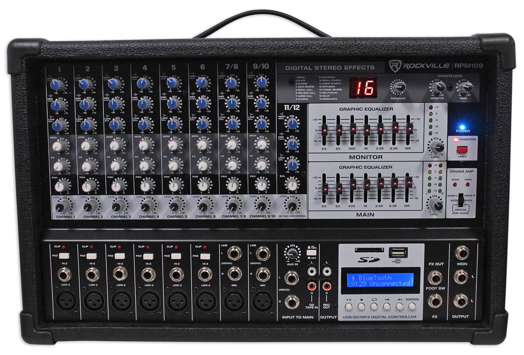 48V Rockville RPM109 12 Channel 4800w Powered Mixer USB Effects 7 Band EQ 
