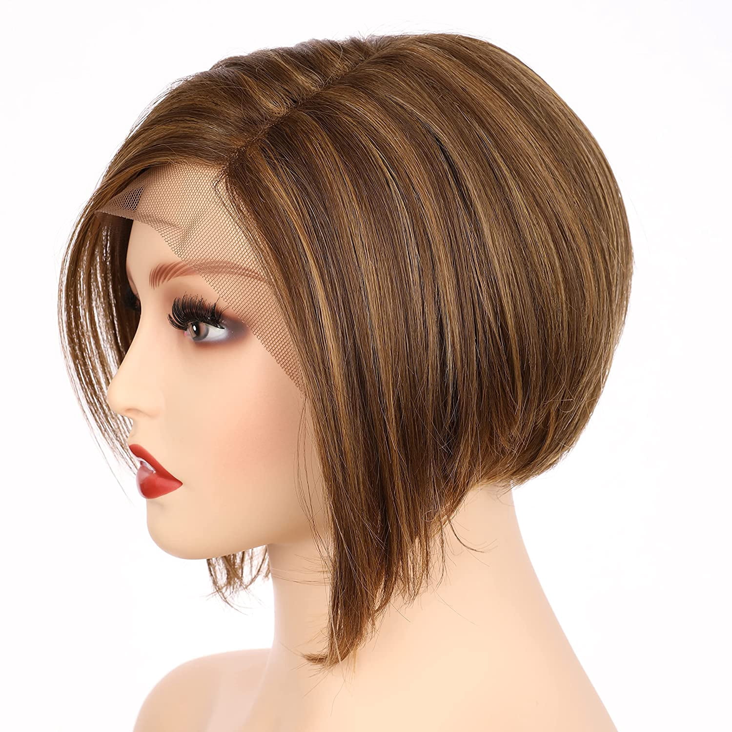 OneDor 8 Inch Angled Layers Lace Front Wig Relaxed Straight Bob Wig (Light Brown Evenly Blended with Dark Natural Blonde-RL12/16) …