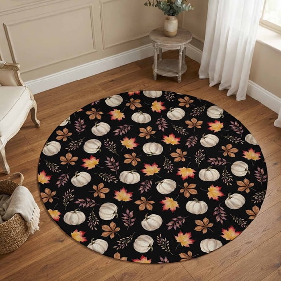 Round Area Rugs 5Ft, White Pumpkins Fall Non-Slip Washable Circle Rugs Carpet, Thanksgiving Maple Leaves Black Indoor Outdoor Rug Floor Mats Throw Runner for Bedroom Living Room Bathroom