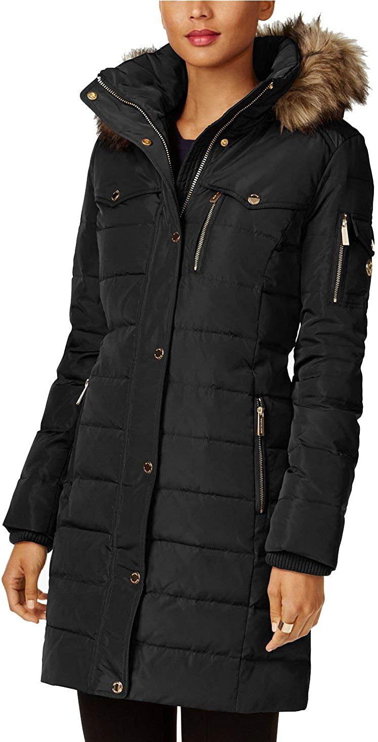 Michael Kors Women's Faux Fur Trim Down Puffer Coat-Black-L - Walmart.com