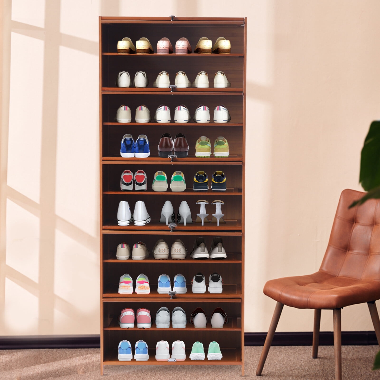 ToppiJoy 10-Tier Shoe Organizer Cabinet with Cover Wood, Shoe Cabinet Rack Tiered Storage with Sophisticated Handle and Extra Storage Platform for Home