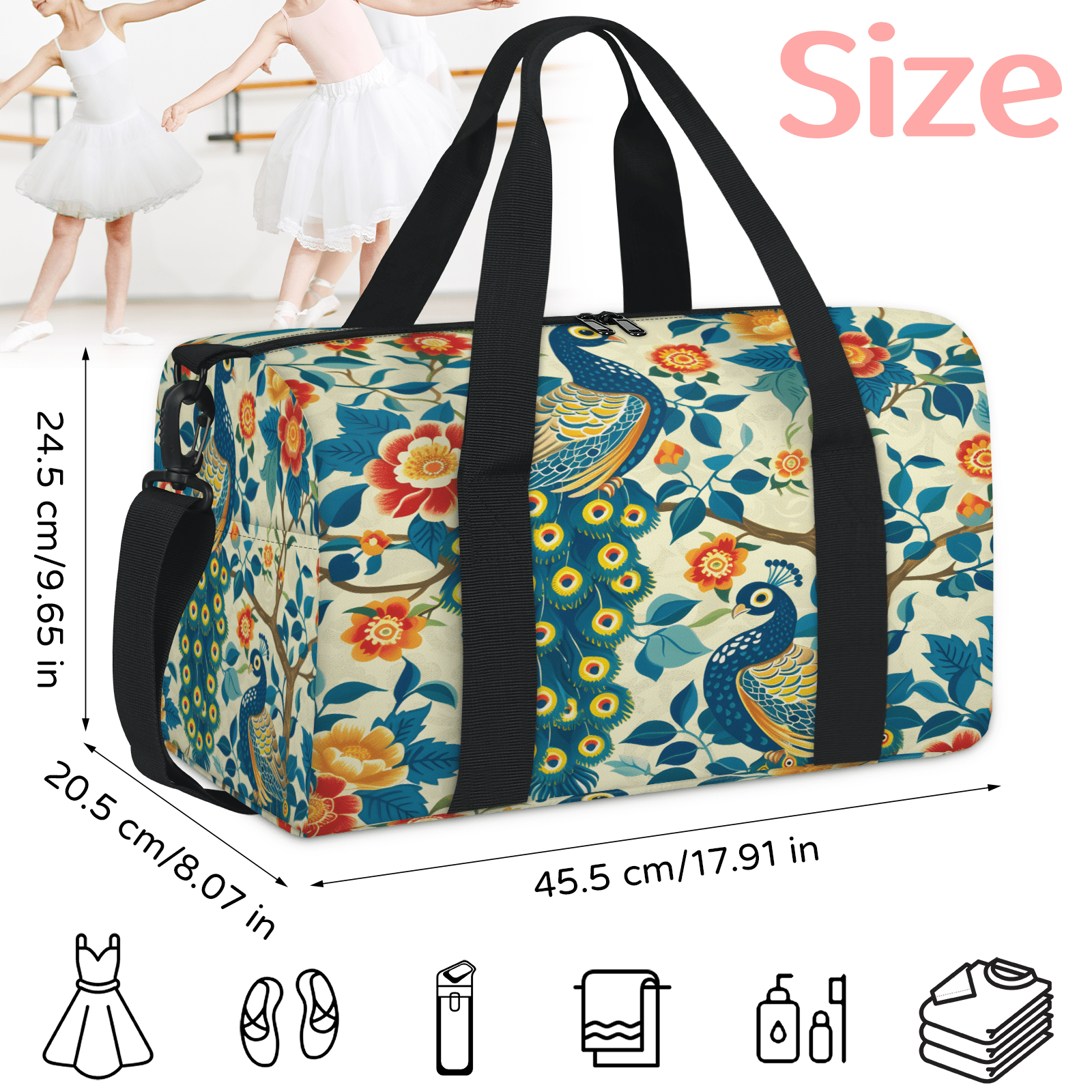 Herdesigns Peacock Travel Duffle Bag Sports Yoga Weekender Overnight Carry on Workout Bags Lightweight Waterproof Gym Tote Bag for Women Peacock Flower