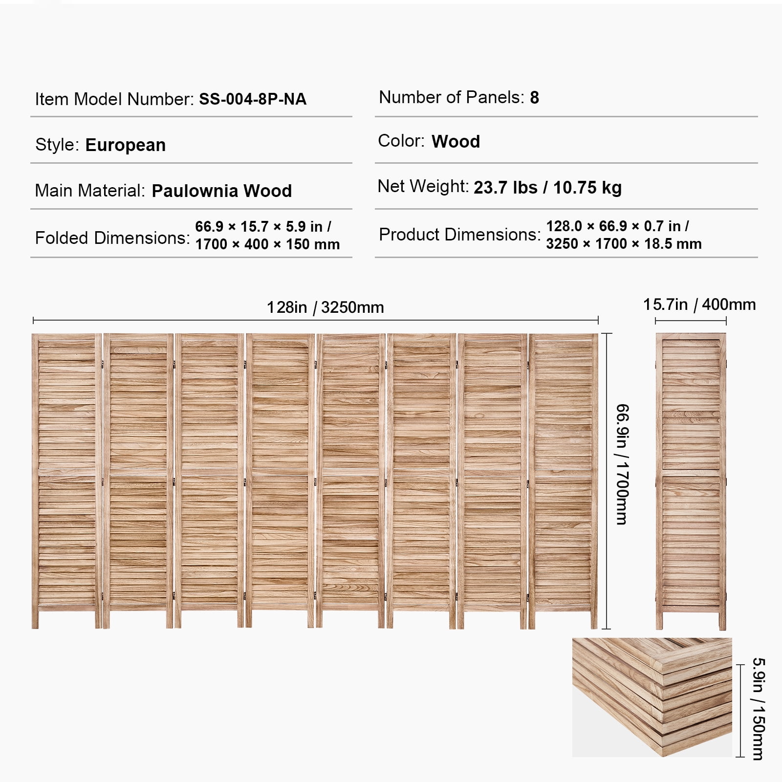 KFFKFF Wooden Partition, 8-Panel Folding Privacy Barrier, 66.9 Inches High Indoor Slatted Divider, Movable Decorative Screen, Ideal for Space Division in Homes, Offices, Restaurants & Bedrooms
