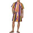 thumbnail image 2 of INSPIRE CHIC Outfit Striped Shirt Set for Men's Short Sleeves Beach Hawaiian Shirt and Shorts Suits L Rainbow Pink, 2 of 4